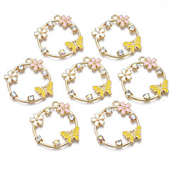 Желтый Стойки обшивки сплава эмали подвески, с Кристл AB горный хрусталь, без кадмия, без никеля и без свинца, золотой свет, цветок с бабочкой, желтые, 28x28x3 мм, отверстие : 1.8 мм