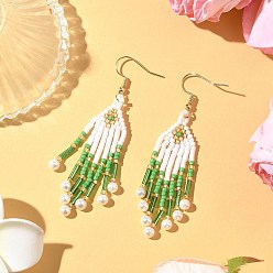 Зеленый 304 серьги-стрелы из стеклянных бусин из нержавеющей стали, золотые, с жемчугом из раковины , зелёные, 69x20 мм