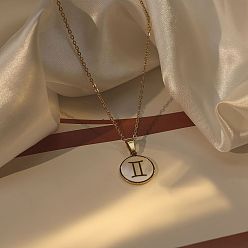 Близнецы 304 Женские кулоны из нержавеющей стали с натуральными ракушками, плоскими и круглыми, с созвездиями, реальный 18 k позолоченный, цвет морской раковины, Близнецы, 15.75 дюйм (40 см)