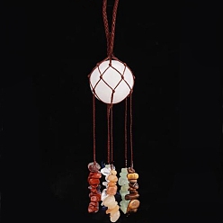 Quartz Crystal Round Natural Quartz Crystal Pouch Pendant Decorations, Braided Thread and Gemstone Chip Tassel Hanging Ornaments, 210x30mm