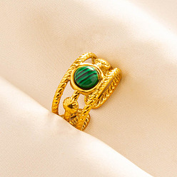 Малахит Регулируемые 304 манжеты из нержавеющей стали с открытыми кольцами для женщин, круглые, с синтетическим малахита, золотые, 11 мм, внутренний диаметр: 17 мм