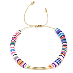 Разноцветный Браслеты из плетеных бусин Heishi из полимерной глины, регулируемый браслет из латунных трубчатых бусин, красочный, 6-1/4~10-1/4 дюйм (16~26 см)