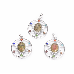 Унакит Стиль чакр, природные подвески Unakite, с платиновым тоном латуни и горный хрусталь, плоские круглые со звездой, 38.5x34x8.5 мм, отверстие : 7x4 мм