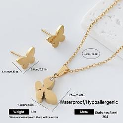Butterfly 304 Stainless Steel Pendant Necklace & Stud Earrings Set for Women, Golden, Butterfly, 450mm, Earring: 11x8mm
