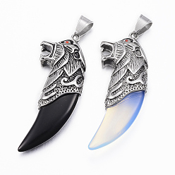(52) Непрозрачная лаванда 304 из нержавеющей стали большие кулоны, со стеклом / опалитом, Бивень / форма ножны, форма головы волка, разноцветные, 67x27x11 мм, отверстие : 10x7 мм