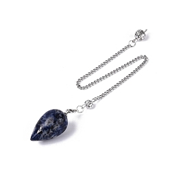 Sodalite Natural Sodalite Dowsing Pendulum Pendants, with Iron Chain, Teardrop Charms, 245~250mm, Hole: 1.8~2mm