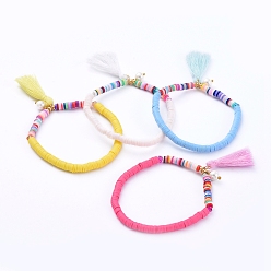 Mixed Color Stretch Charm Bracelets, with Polymer Clay Heishi Beads, Cotton Thread Tassels, Glass Pearl Beads and Brass Beads, Mixed Color, 2-1/8 inch(5.4cm)
