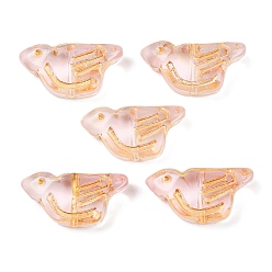 Персиковый Слойка Гальванопокрытие и стеклянные бусины с золотым металлическим плетением, птица, розовые, 10x19.5x7 мм, отверстие : 1 мм