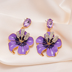 Сине-фиолетовый Цветок сплава горный хрусталь качают серьги стержня, с эмалью, золотые, синий фиолетовый, 60x40 мм