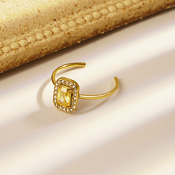 Желтый Стильные 304 кольца-манжеты из нержавеющей стали с кубическим цирконием для женщин, прямоугольные, реальный 18 k позолоченный, желтые