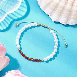 Темно-Красный Регулируемые плетеные браслеты из бисера из натурального агата, с нейлоновой нитью и пластиковой имитацией жемчуга, темно-красный, внутренний диаметр: 2-1/4~2-3/4 дюйм (5.6~7.1 см)