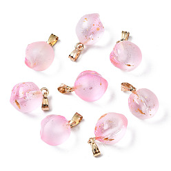 Pink Двухцветные прозрачные стеклянные подвески, с позолоченными железными дужками и золотой фольгой, матовые, персик, розовые, 16~17x11~12x11~12 мм, отверстие : 6x2 мм