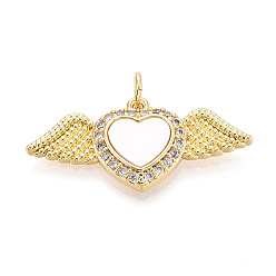 Настоящее золото 18K Латунные микропаве прозрачные подвески с фианитом, без кадмия и без свинца, с оболочкой, Сердце и крыло, с целью перехода в кольце, реальный 18 k позолоченный, 13x28.5x3 мм, отверстие : 3.5 мм