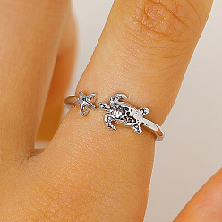 Platinum Brass Cuff Open Rings for Women, Tortoise & Starfish, Platinum, 16mm