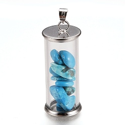 Синтетическая Бирюза Подвески для бутылочек из сплава и стекла, с синтетическими бирюзовыми чипсами, платина, колонка, 35x13.5 мм, отверстие : 4x3.5 мм