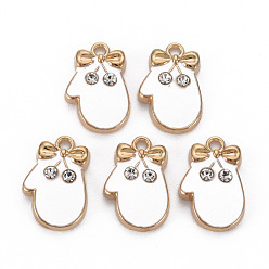 White Alloy Enamel Pendants, with Crystal Rhinestone, Light Gold, Cadmium Free & Nickel Free & Lead Free, Gloves, White, 17x11x3mm, Hole: 1.6mm