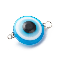 Platinum Transparent Evil Eye Resin Connector Charms, with Alloy Spacer Beads and Iron Double Loops, Mixed Color, Flat Round, Platinum, 32x20~20.5x9~9.5mm, Hole: 1.8mm and 3.5mm