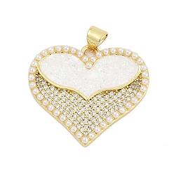 Настоящее золото 18K Латунные микропаве прозрачные подвески с фианитом, сердце, с синтетическим опалом и искусственным жемчугом из АБС-пластика, долговечный, стойки покрытие, без свинца и без кадмия, реальный 18 k позолоченный, 24.5x27.5x3.2 мм, отверстие : 3.5x4.5 мм