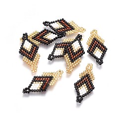Black Handmade Japanese Seed Beads Links, with Japan Import Thread, Loom Pattern, Rhombus, Black, 29~30x14x2mm, Hole: 1.5mm