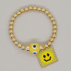 Лайм Браслеты с подвесками из стеклянных бусин в богемном стиле, латунные круглые бусины эластичные браслеты для женщин, квадрат с улыбающимся лицом, с бусиной от сглаза в технике лэмпворк, желто-зеленые