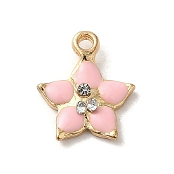 Pink Цветочные сплава эмали подвески, со стразами, золотой свет, розовые, 13.5x12.5x2.5 мм, отверстие : 1.4 мм