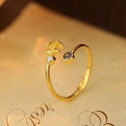 Стрелец 925 Кольца-манжеты из стерлингового серебра с паве из кубических цирконий, созвездий, золотые, Стрелец, внутренний диаметр: 16~19 мм