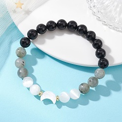 Смешанные камни Женские эластичные браслеты из натуральных бусин селенита, лабрадорита, черного турмалина и ракушек, круглый и лунный, бусина : 8~8.5 mm, внутренний диаметр: 2.09 дюйм (5.3 см)