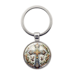 Белый Сплав со стеклянным брелоком-подвеской, плоские круглые с крест-накрест, белые, 60x27 мм