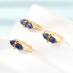 Sodalite Brass Micro Pave Cubic Zirconia Cuff Open Rings for Women, Bullet, with Natural Sodalite, Rack Plating, Long-Lasting Plated, Lead Free & Cadmium Free, Real 18K Gold Plated, US Size 7 1/4(17.5mm)