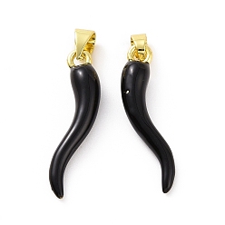 Черный Подвески из латуни с покрытием из эмали, долговечный, реальный 18 k позолоченный, без кадмия и без свинца, рог изобилия / итальянский рог корничелло амулеты, чёрные, 27x7x5.5 мм, отверстие : 4x3.5 мм