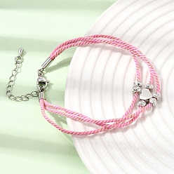 Flamingo Polyester Multi-Strand Bracelets, Brass Heart Bead Bracelets with 202 Stainless Steel Lobster Claw Clasps, Platinum & Stainless Steel Color, Flamingo, 7.09 inch(18cm)