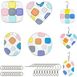 Colorful 24Pcs Transparent Clear Acrylic Pendants, 3D Printed, with Film on the Back, Oval & Heart & Flat Round & Square with Square Pattern, Colorful, 40x27.5x2.5mm, Hole: 1.6mm, 6pcs