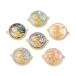 Human Epoxy Resin & Shell Connector Charms, Rack Plating Brass Pave Clear Cubic Zirconia Flat Round Links, 18K Gold Plated, Mixed Color, Long-lasting Plated, Cadmium Free & Lead Free, Boy, Human, 22x18x4mm, Hole: 1.2mm