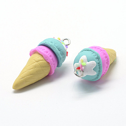 Sky Blue Handmade Polymer Clay Pendants, Ice Cream, Sky Blue, 37~40x14~16mm, Hole: 2mm