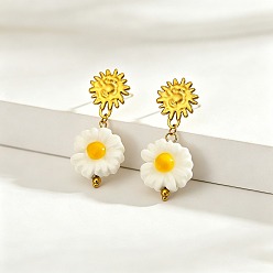 Golden 304 Stainless Steel & Handmade Porcelain Stud Dangle Earrings, Flower with Sun, Golden, 42x17mm