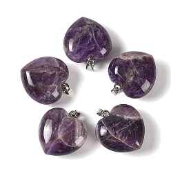 Amethyst Natural Banded Amethyst Pendants, Heart Charms, with 304 Stainless Steel Snap on Bails, Stainless Steel Color, 32~33x30x14~15mm, Hole: 7.5x4mm