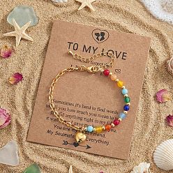 Разноцветный Лето 304 браслеты с подвесками из нержавеющей стали, Браслеты из цепочек из скрепок, стекла, латуни, натурального зеленого оникса, агата, красного авантюрина, красного коралла и топаза, нефрита для женщин., сердце и круглый, с бумажной карточкой, красочный, 6.50 дюйм (16.5 см) ~ 6.69 дюйм (17 см)