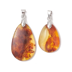 Платина Подвески из натурального янтаря, подвески-слезинки с латунными дужками, темно-золотистые, платина, 20~29x14.5~16.5x5~6.5 мм, отверстие : 3.5x4.6 мм