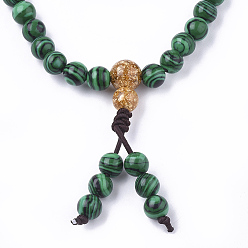 Malachite 3-Loop Wrap Style Buddhist Jewelry, Synthetic Malachite Mala Bead Bracelets, Stretch Bracelets, Round, 26.38 inch(67cm)