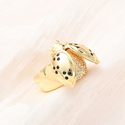 Настоящее золото 18K Регулируемые латунные манжеты с микропаве из кубического циркония, божья коровка, реальный 18 k позолоченный, 17.5x18.5 мм