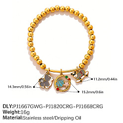 Chien 304 Bracelets extensibles ronds à perles en acier inoxydable émaillé avec breloques pour femmes, or, grises , chien, 7.48 pouce (19 cm)