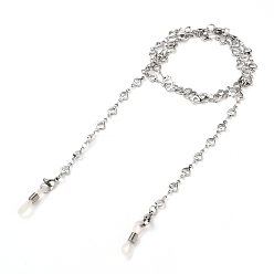 Stainless Steel Color 304 Stainless Steel Eyeglasses Chains, Neck Strap for Eyeglasses, with Heart Link Chains, Lobster Claw Clasps and Rubber Loop Ends, Stainless Steel Color, 26.38 inch(67cm)
