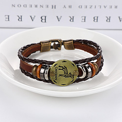 Овен Браслеты из искусственной кожи с тройным слоем из нескольких нитей, плоские круглые браслеты из сплава в виде созвездия для мужчин и женщин, Овен, 7-1/8 дюйм (18 см)