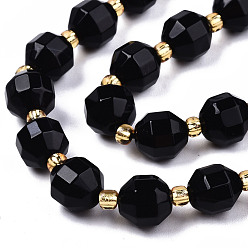 Black Natural Agate Beads Strands, Faceted, with Seed Beads, Dyed, Round, Black, 8x7.5mm, Hole: 1.2mm, Beads: 3.5x2mm, about 34pcs/strand, 15.35 inch(39cm)