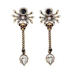 Antique Golden Rhinestone Skull with Spider Dangle Stud Earrings, Gothic Alloy Long Tassel Drop Earrings for Women, Antique Golden, 65x20mm