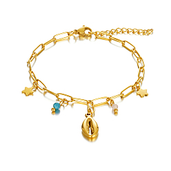 Настоящее золото 18K Простые браслеты из нержавеющей стали в форме звезд и ракушек, браслеты-цепочки со скрепками для женщин, реальный 18 k позолоченный, 8-5/8 дюйм (22 см)