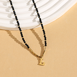 Letter L Женское ожерелье с подвеской из натуральной черной шпинели в форме круглой граненой буквы «Инициал» из нержавеющей стали, золотые, Письмо L, 14.96 дюйм (38 см)