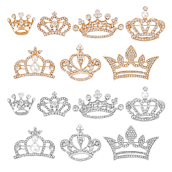 Platinum & Light Gold 14Pcs 14 Styles Crown Zinc Alloy Rhinetsone Lapel Pins for Clothes, with Imitation Pearl, Platinum & Light Gold, 21~32x25.5~52mm, 1pc/style