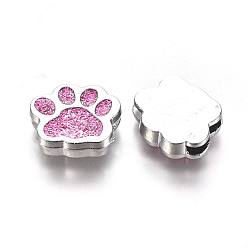 Hot Pink Alloy Enamel Slider Charms, Dog Paw Prints, Platinum, Hot Pink, 13x15.5x4.5mm, Hole: 2x8mm