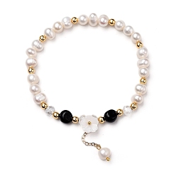 Турмалин Растянуть шарм браслеты, с бусинами из натурального черного турмалина, натуральный жемчуг и бусины из ракушек, Стеклянные бусины, латунные бусины и кабельные цепи, цветок, внутренний диаметр: 2-1/4 дюйм (5.7 см)